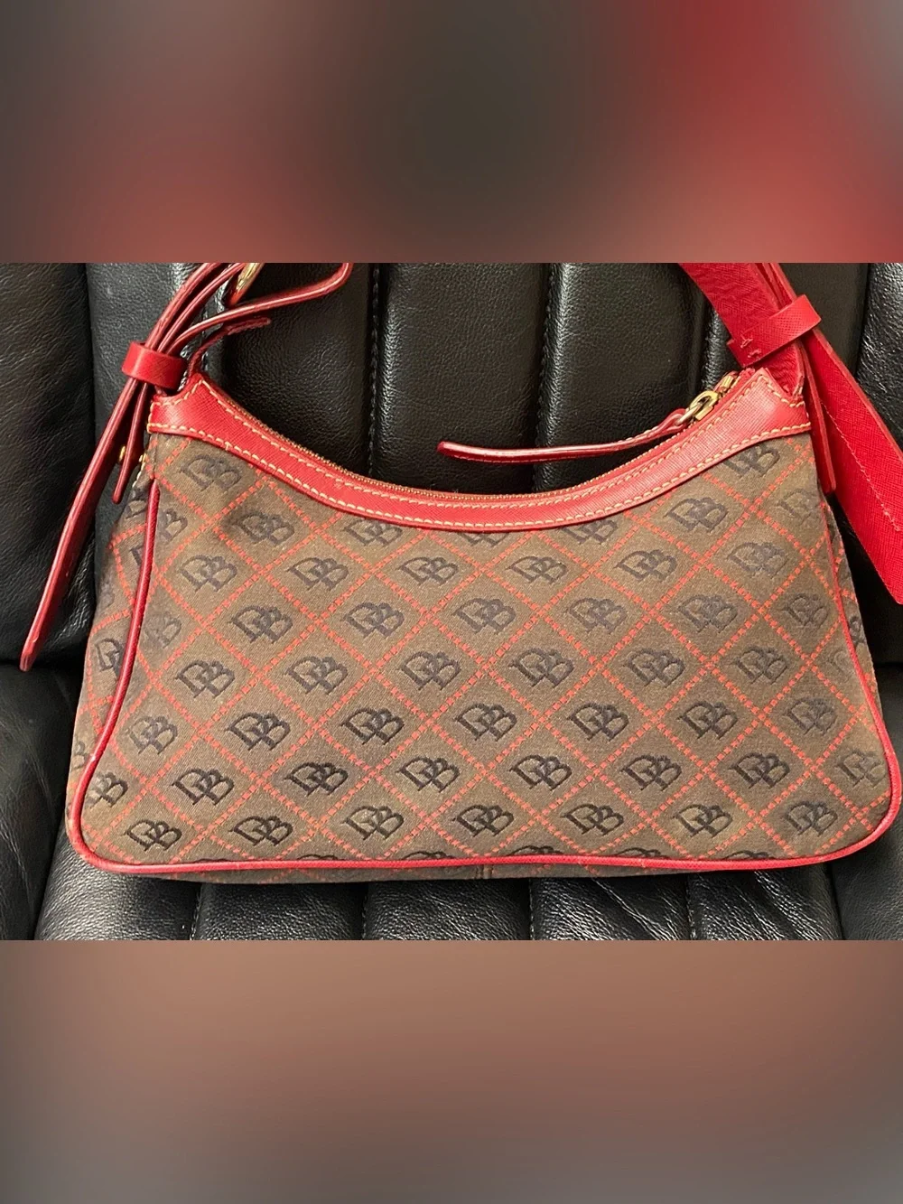 Vintage Dooney And Bourke Signature Quilt Hobo Dark Red Zip Small Shoulder Bag
